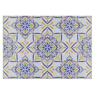Tabla De Cortar Majestic Bloom Elegant Blue and Gold Floral Mosai