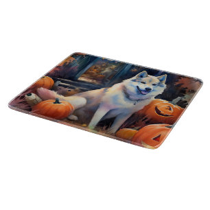 Tabla De Cortar Malamute de Alaska de Halloween con calabazas espe