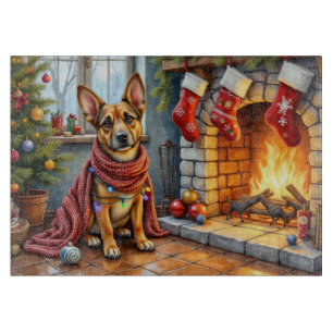 Tabla De Cortar Malinois Belga Chimenea con Luces de Navidad