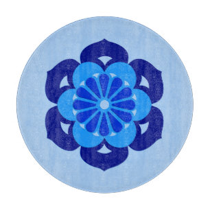 Tabla De Cortar Mandalá de Flor de Loto, Índigo y Azul Claro