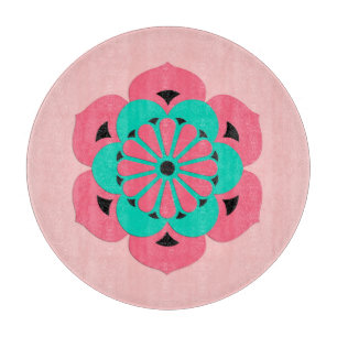 Tabla De Cortar Mandala de flores Lotus, rosa coral y turquesa