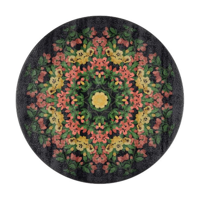 Tabla De Cortar Mandala floral: rojo, amarilla. (Anverso)
