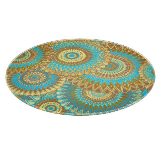 Tabla De Cortar Mandala superpuesto azul marrón dorado