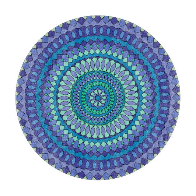 Tabla De Cortar Mandalas de turquesa y azul teñido de verde (Anverso)