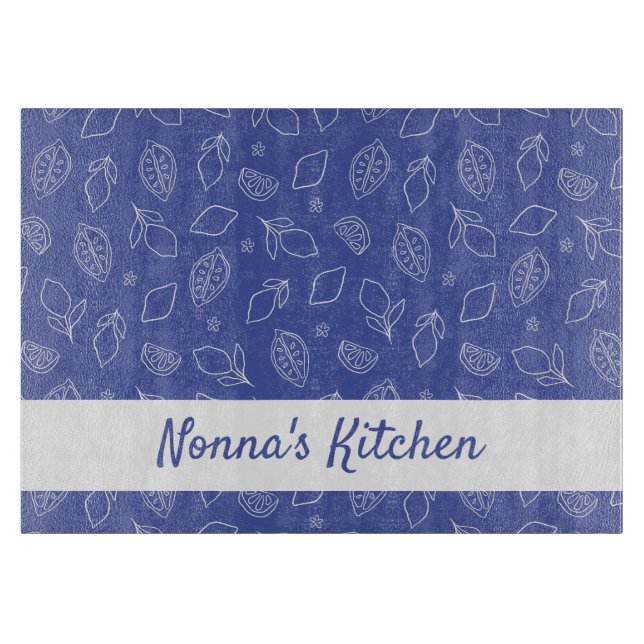 Tabla De Cortar Mano personalizada dibujada en azul lemones italia (Anverso)