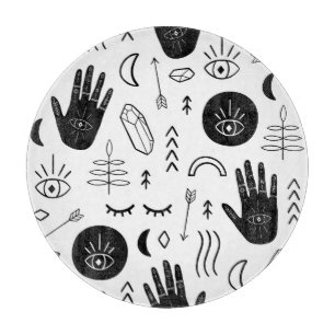 Tabla De Cortar Manos mágicas, luna, patrón étnico.