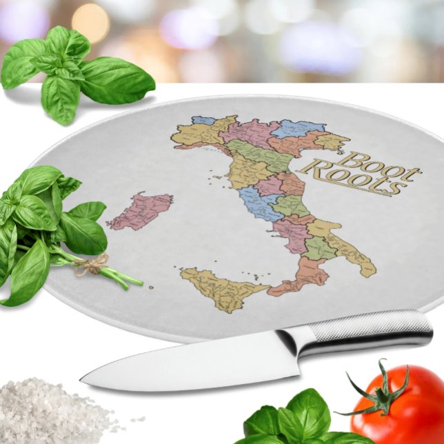 Tabla De Cortar Map of Italy "Boot Roots"  (Map of Italy "Boot Roots" - Italian heritage glass cutting board - housewarming or bridal shower )