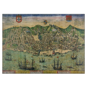 Tabla De Cortar Mapa antiguo de Lisboa, Portugal, por Braun/Hogenb