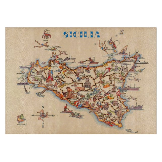 Tabla De Cortar Mapa Antiguo Ilustrado de Sicilia  (Anverso)
