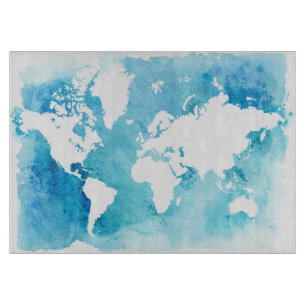 Tabla De Cortar Mapa del mundo en azules de la acuarela