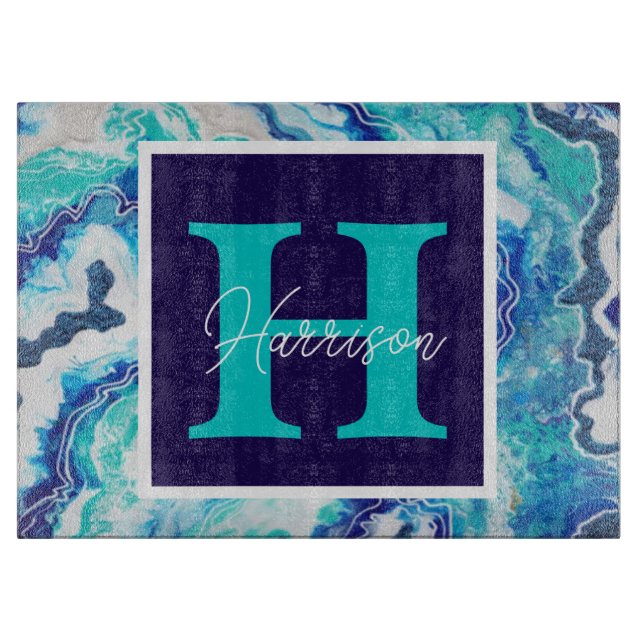 Tabla De Cortar Marble azul y turquesa personalizado (Anverso)