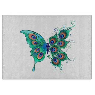 Tabla De Cortar Mariposa con plumas de pavo real verde