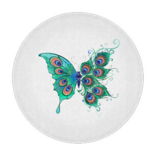 Tabla De Cortar Mariposa con plumas de pavo real verde