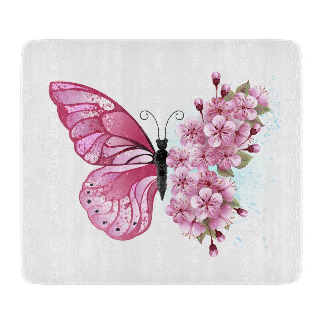 Tabla De Cortar Mariposa de flor con Sakura rosa (Anverso)