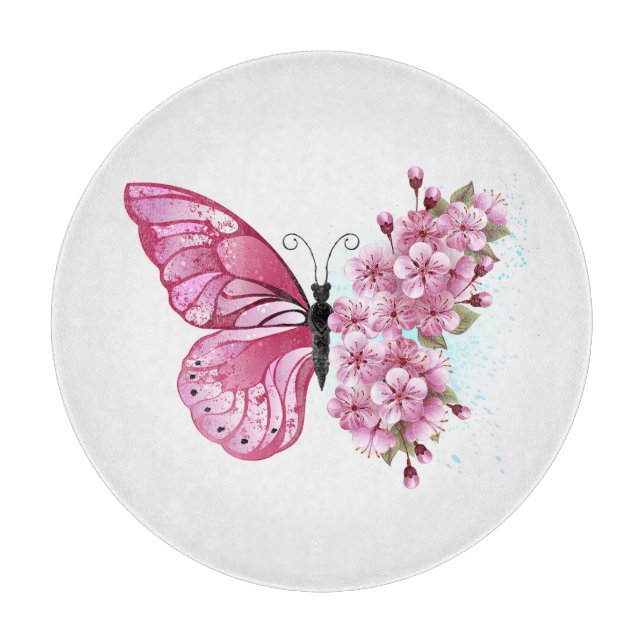 Tabla De Cortar Mariposa de flores con Sakura rosa (Anverso)