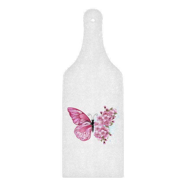 Tabla De Cortar Mariposa de flores con Sakura rosa (Anverso)