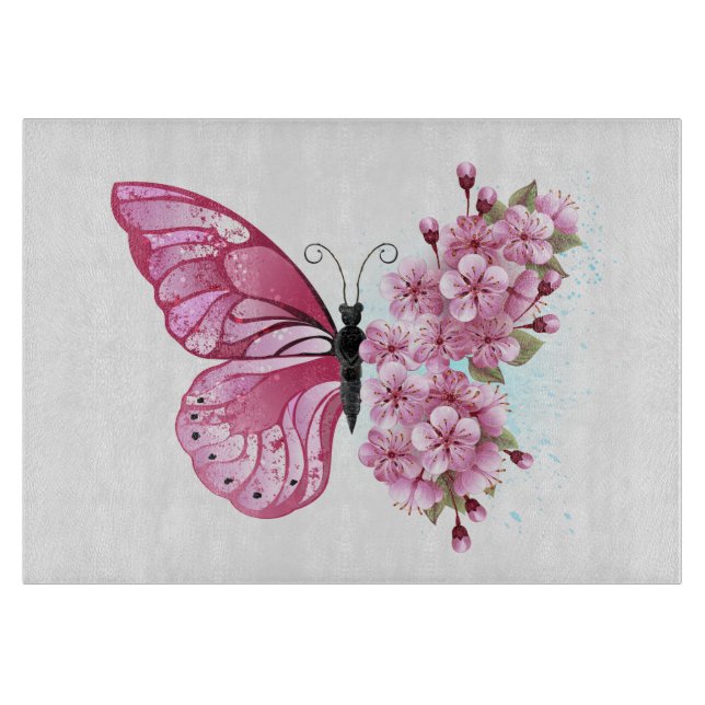 Tabla De Cortar Mariposa de flores con Sakura rosa (Anverso)