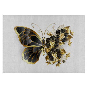 Tabla De Cortar Mariposa de flores de oro con orquídea negra