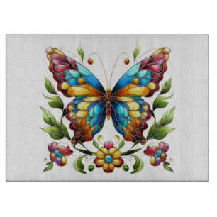 Tabla De Cortar Mariposa de vidrio coloreado con flores