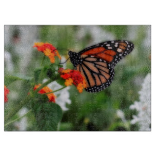 Tabla De Cortar Mariposa monarca en Naranja y Lantana Roja