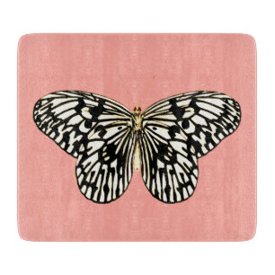 Tabla De Cortar Mariposa negra y blanca, fondo rosa de coral