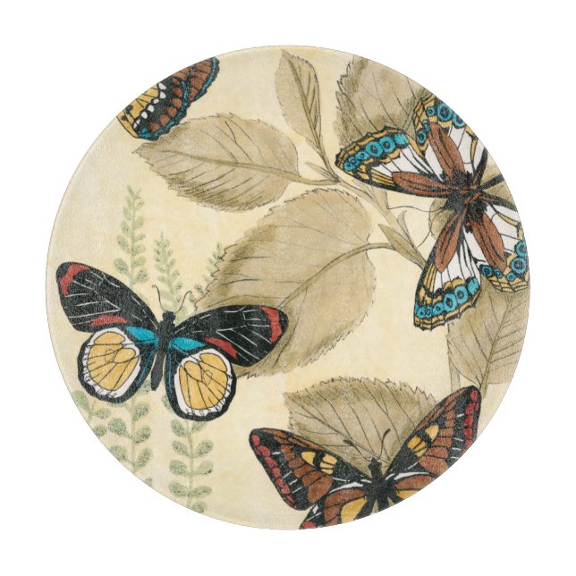 Tabla De Cortar Mariposas brillando sobre hojas (Anverso)