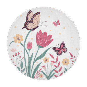 Tabla De Cortar Mariposas con tulipanes rosados y margaritas amari
