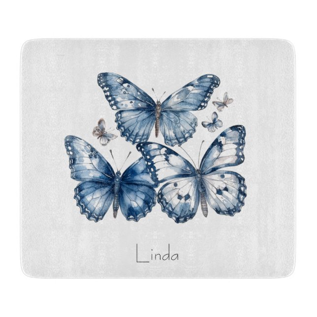 Tabla De Cortar Mariposas en azul Delft, personalizable (Anverso)