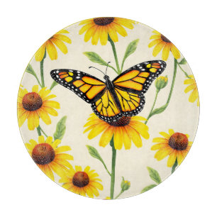 Tabla De Cortar Mariposas Monarca Margaritas Amarillas Patrón