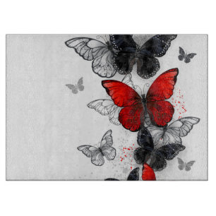 Tabla De Cortar Mariposas Morpho voladoras negras y rojas