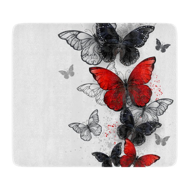 Tabla De Cortar Mariposas Morpho voladoras negras y rojas (Anverso)