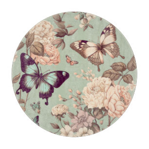 Tabla De Cortar Mariposas y flores verde claro pastel