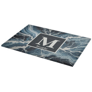 Tabla De Cortar Mármol azul con Monograma de Rastreo Blanco