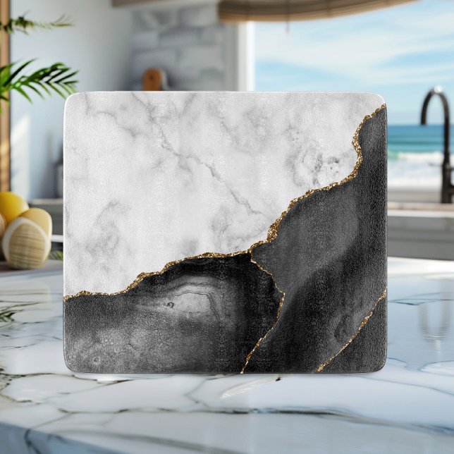 Tabla De Cortar Mármol Blanco Ágata Negra Brillo Dorado (Subido por el creador)