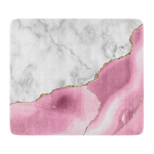 Tabla De Cortar Mármol Blanco Ágata Rosa Brillo Dorado (Anverso)