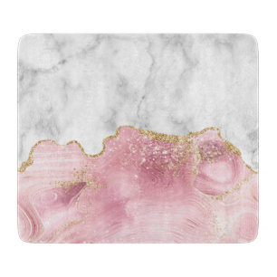 Tabla De Cortar Mármol Blanco Agata Rosa Pastel Brillo Dorado