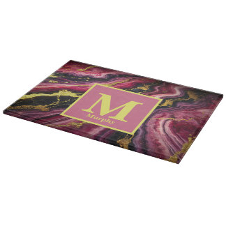 Tabla De Cortar Mármol Magenta con Vetas Doradas y Negras