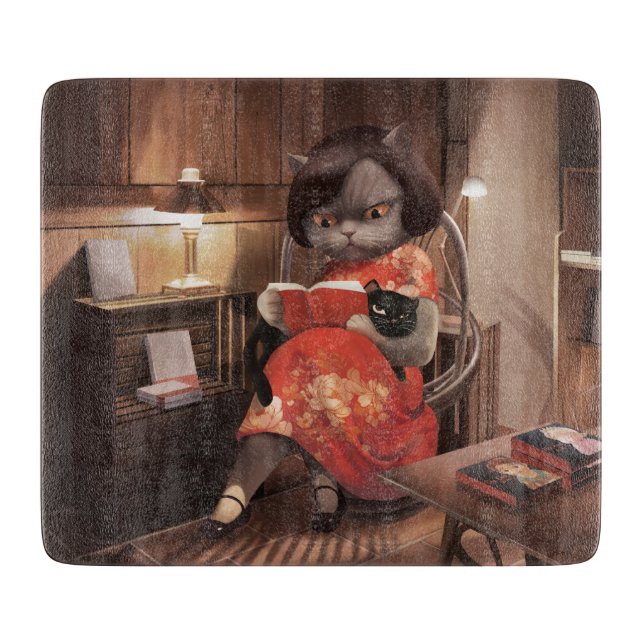 Tabla De Cortar Miss Meow - Tiempo de lectura de gatos vintage (Anverso)