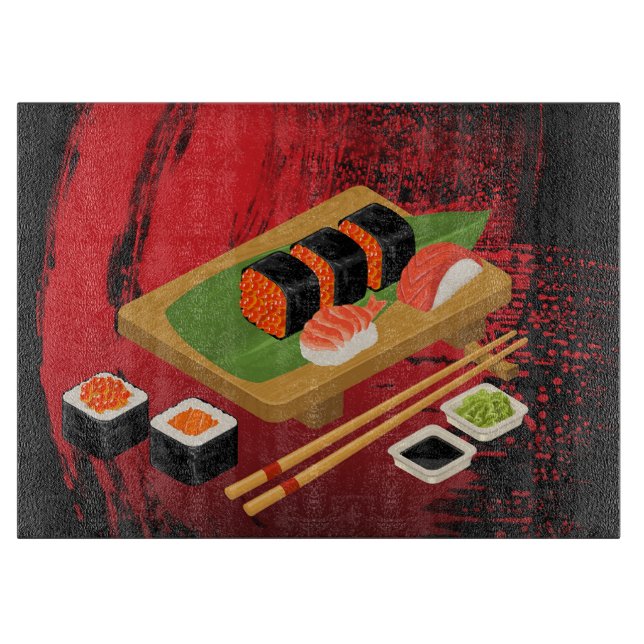 Tabla De Cortar Moda Moderno Elegante Sushi Negro y Rojo (Anverso)