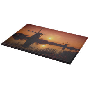 Tabla De Cortar Molinos de viento al atardecer, Kinderdijk, Países
