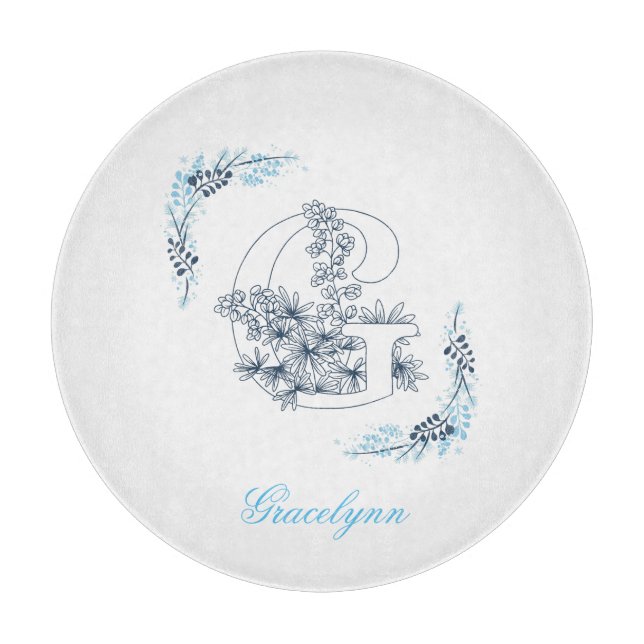 Tabla De Cortar Monograma azul inicial "G" Floral (Anverso)
