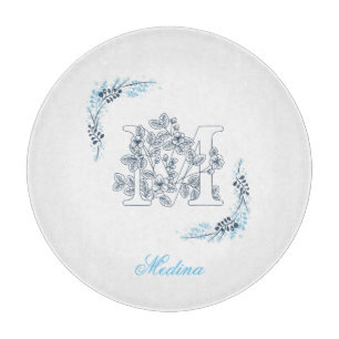 Tabla De Cortar Monograma azul inicial "M" Floral