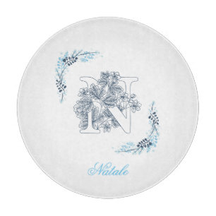 Tabla De Cortar Monograma azul inicial "N" Floral