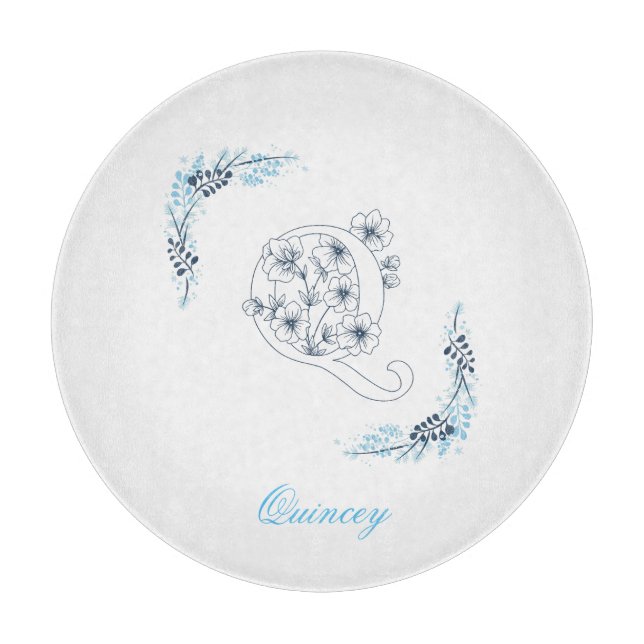 Tabla De Cortar Monograma azul inicial "Q" Floral de calm (Anverso)
