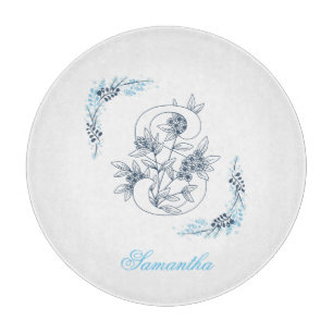 Tabla De Cortar Monograma azul inicial "S" Floral