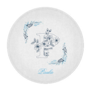 Tabla De Cortar Monograma Azul "P" Inicial Floral Tranquilo
