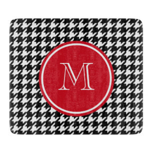 Tabla De Cortar Monograma blanco y negro del rojo de Houndstooth