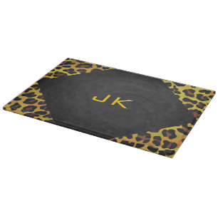 Tabla De Cortar Monograma con leopardo marrón y amarillo