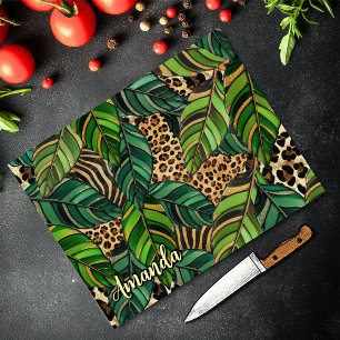 Tabla De Cortar Monograma de hojas de Monstera y leopardo chic