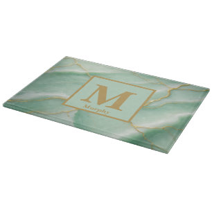 Tabla De Cortar Monograma de Mint Green Marble con venas de oro li